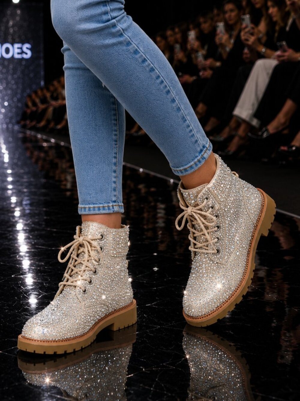 NIB Wonder Sparkling Rhinestone Combat Ankle Boots Metallic Rose Gold Champagne - Picture 6 of 12